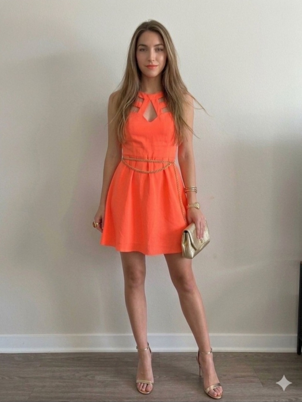 Guess Sleeveless Orange Cutout Skater Dress - Women. Size 8